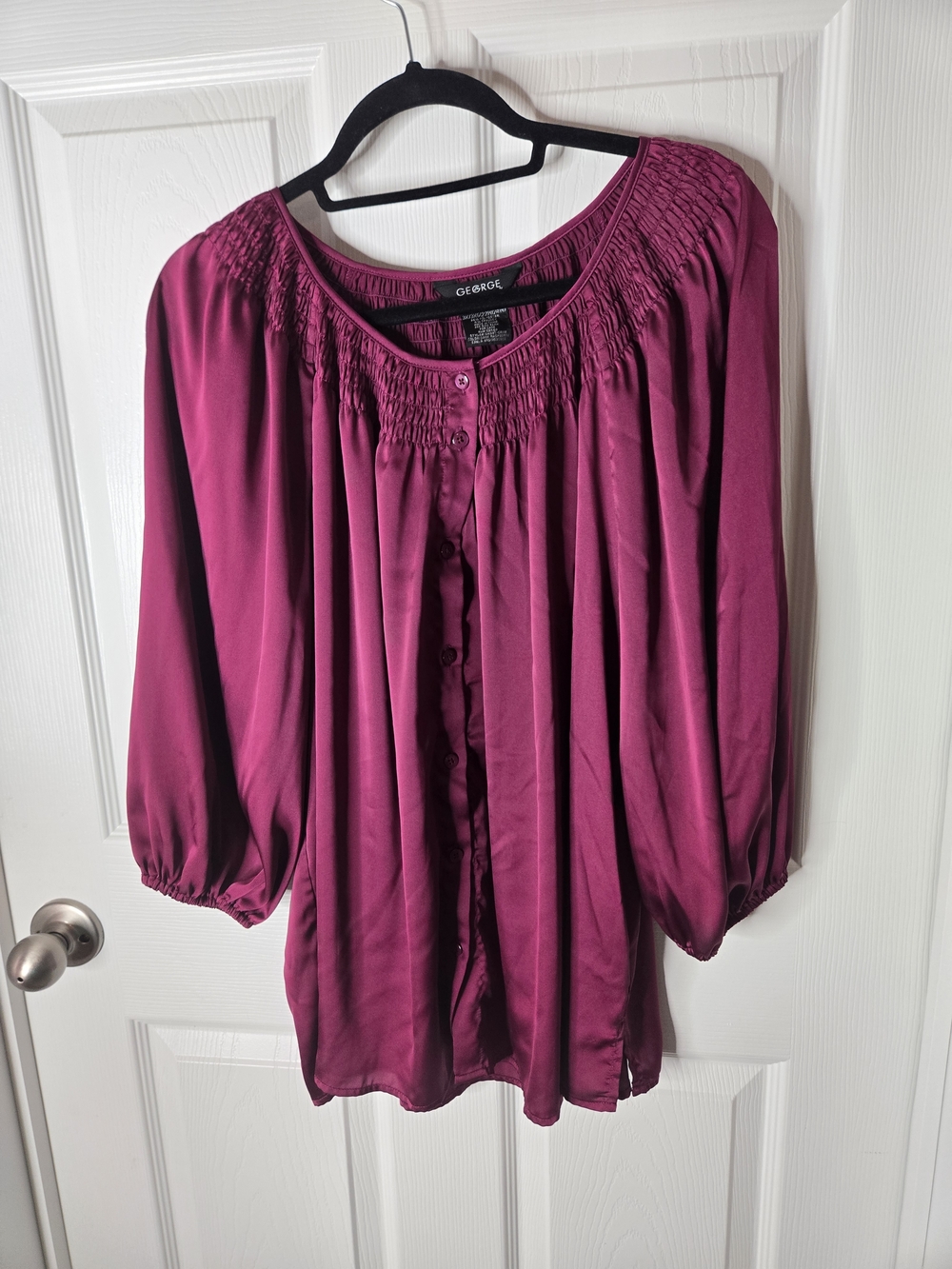 George Women's Deep Magenta Smocked-Neck Button Blouse